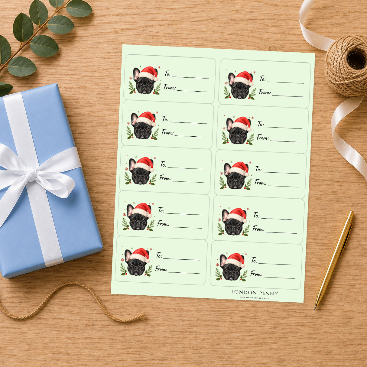 French Bulldog Santa Paws Gift Tag Sticker Sheet
