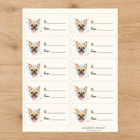 French Bulldog Paws & Bows Gift Tag Sticker Sheet - London Penny Gift Wrap