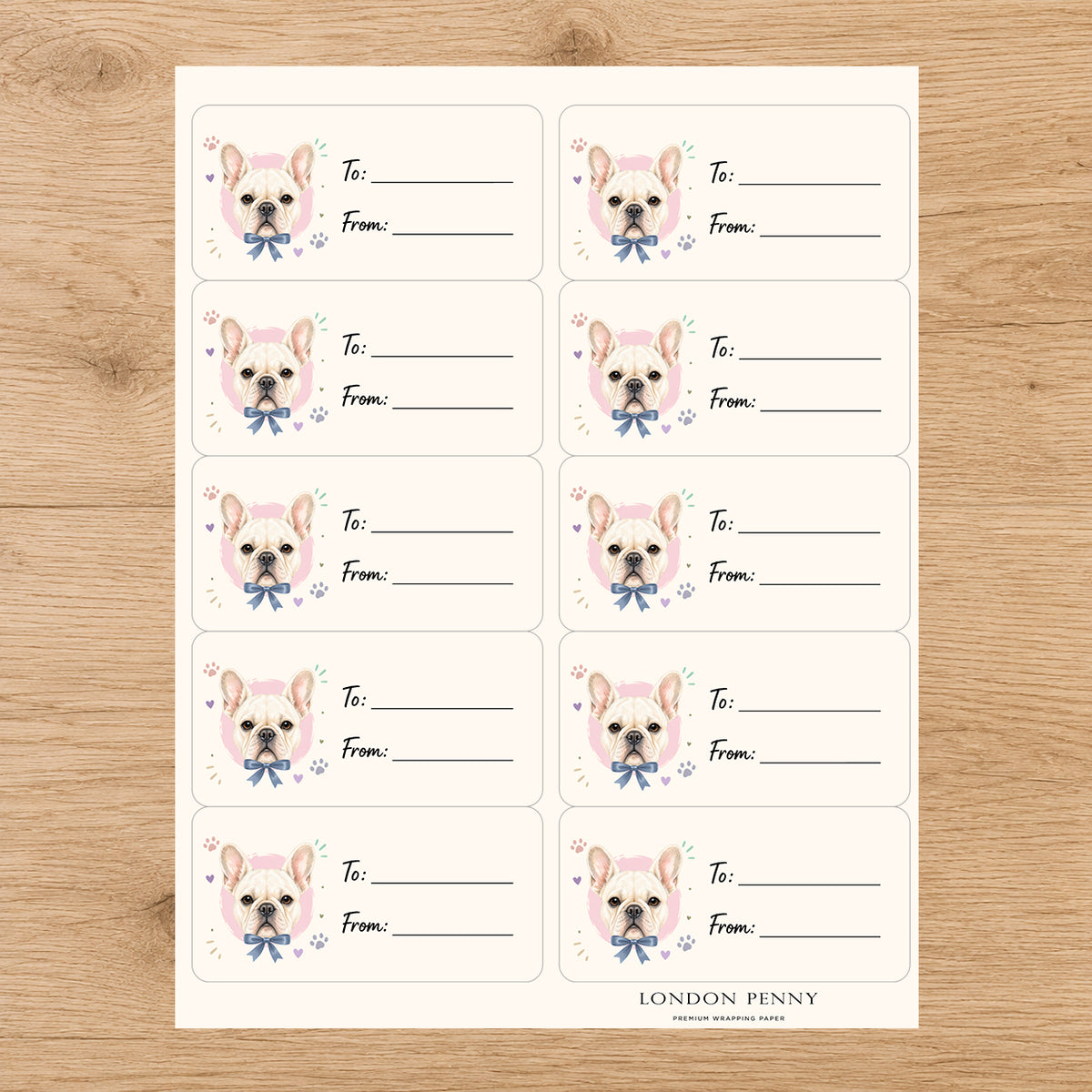 French Bulldog Paws & Bows Gift Tag Sticker Sheet