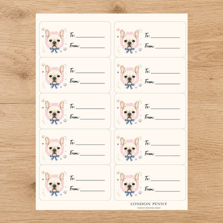 French Bulldog Paws & Bows Gift Tag Sticker Sheet - London Penny Gift Wrap