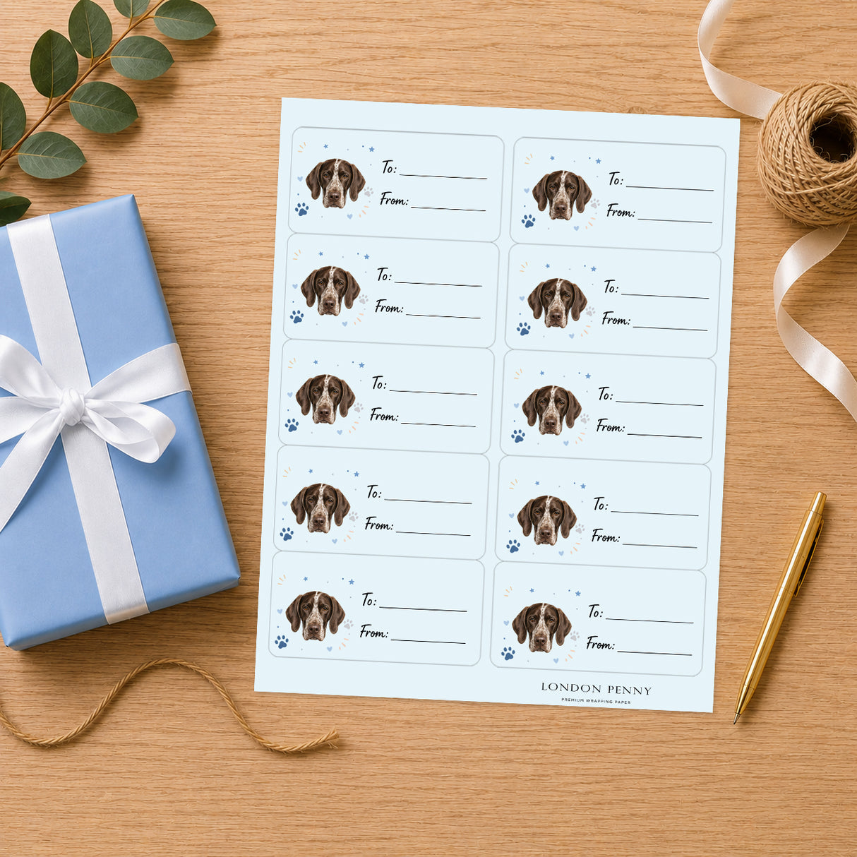 German Shorthaired Pointer Pawprint Wishes Gift Tag Sticker Sheet