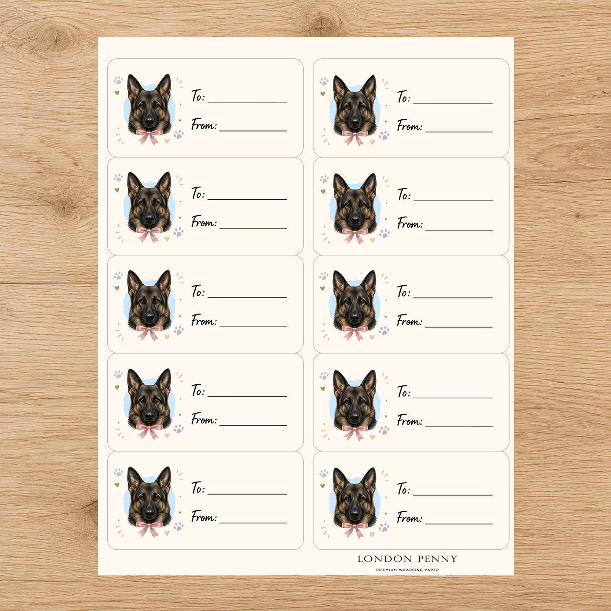 German Shepherd Paws & Bows Gift Tag Sticker Sheet