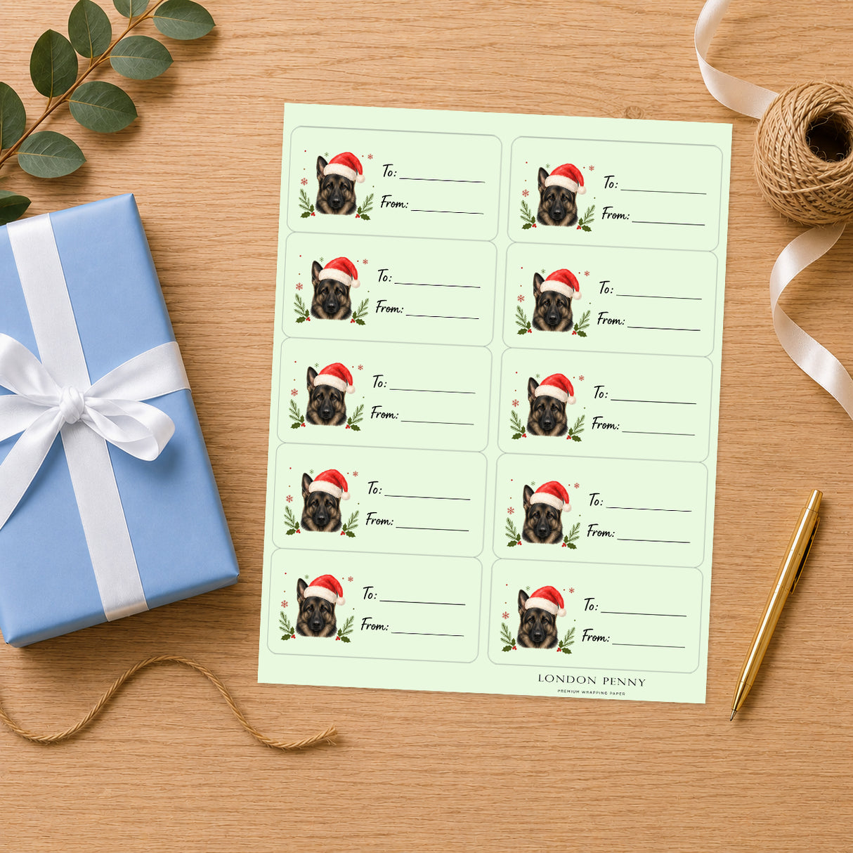 German Shepherd Santa Paws Gift Tag Sticker Sheet