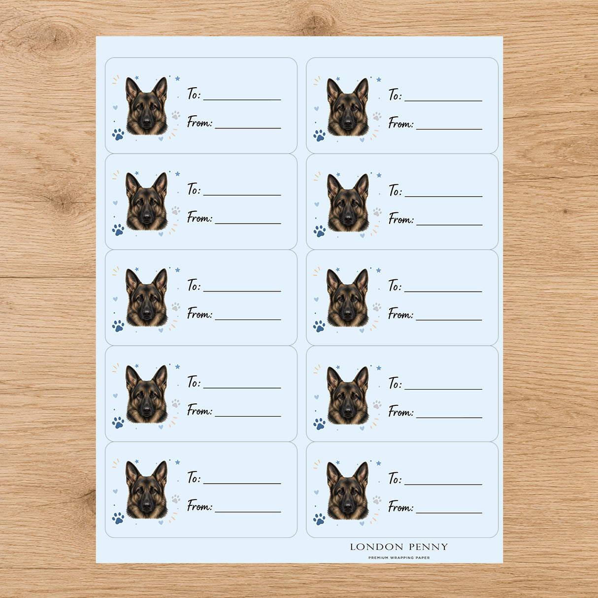 German Shepherd Pawprint Wishes Gift Tag Sticker Sheet