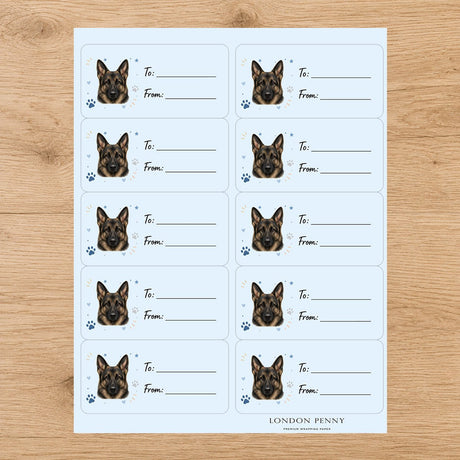 German Shepherd Pawprint Wishes Gift Tag Sticker Sheet - London Penny Gift Wrap