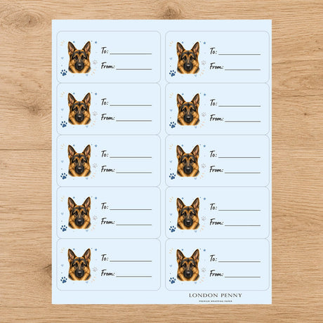 German Shepherd Pawprint Wishes Gift Tag Sticker Sheet - London Penny Gift Wrap