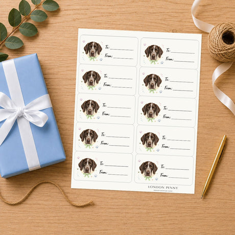 German Shorthaired Pointer Paws & Bows Gift Tag Sticker Sheet - London Penny Gift Wrap