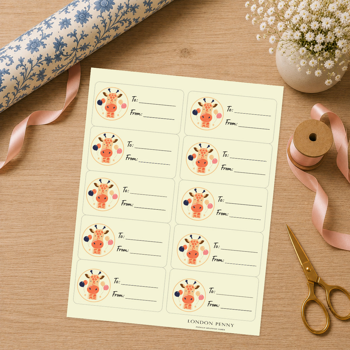 Giraffe Balloon Party Gift Tag Sticker Sheet