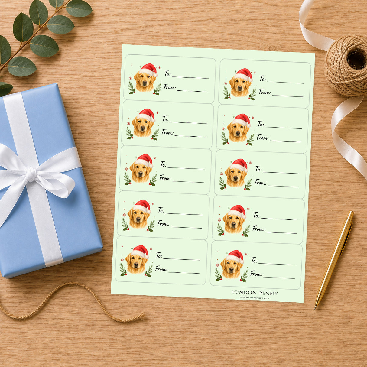 Golden Retriever Santa Paws Gift Tag Sticker Sheet