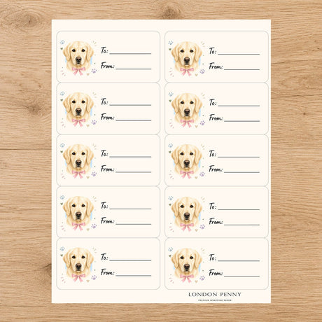 Golden Retriever Paws & Bows Gift Tag Sticker Sheet - London Penny Gift Wrap