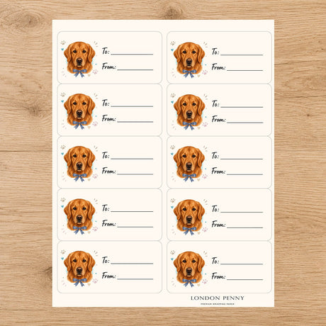 Golden Retriever Paws & Bows Gift Tag Sticker Sheet - London Penny Gift Wrap