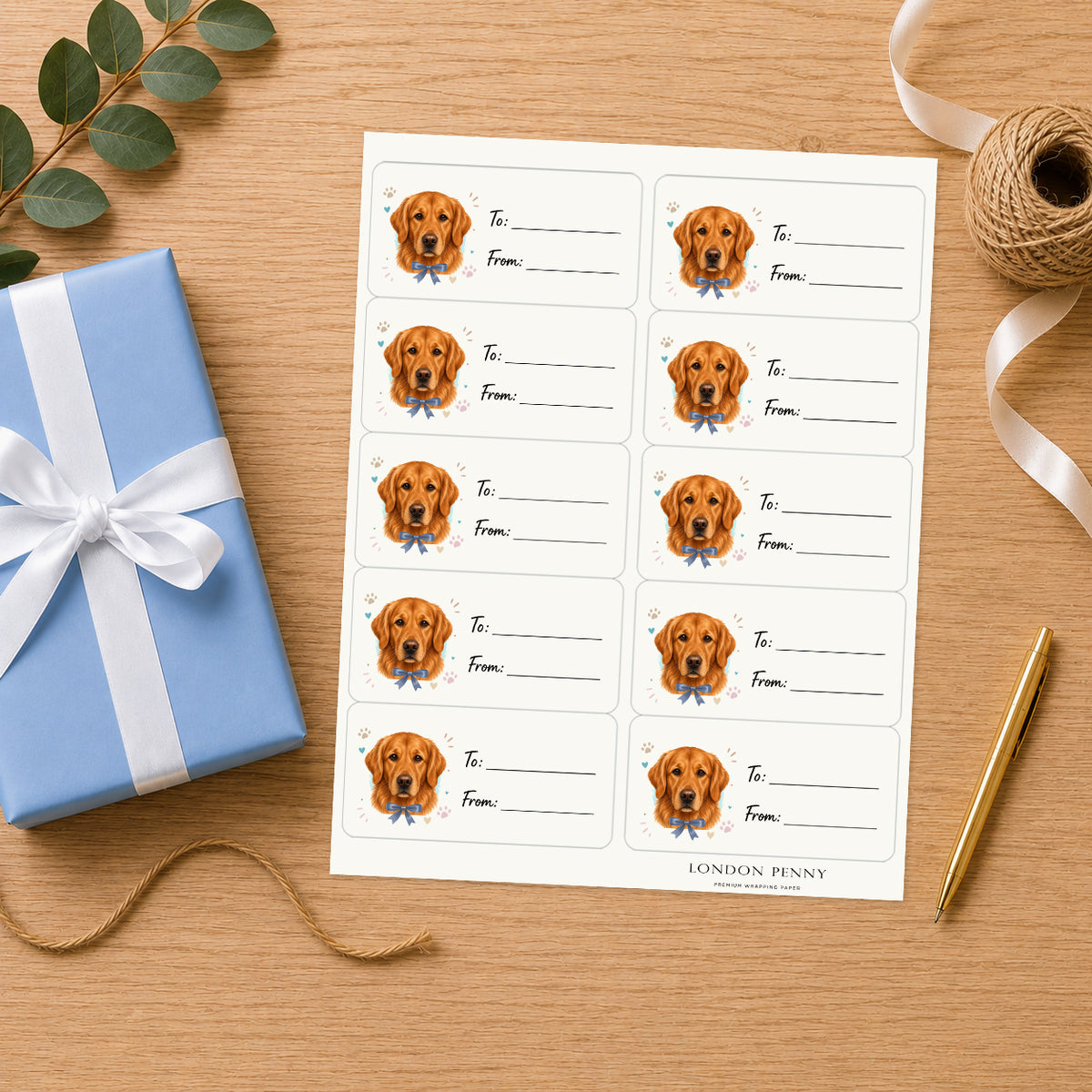 Golden Retriever Paws & Bows Gift Tag Sticker Sheet