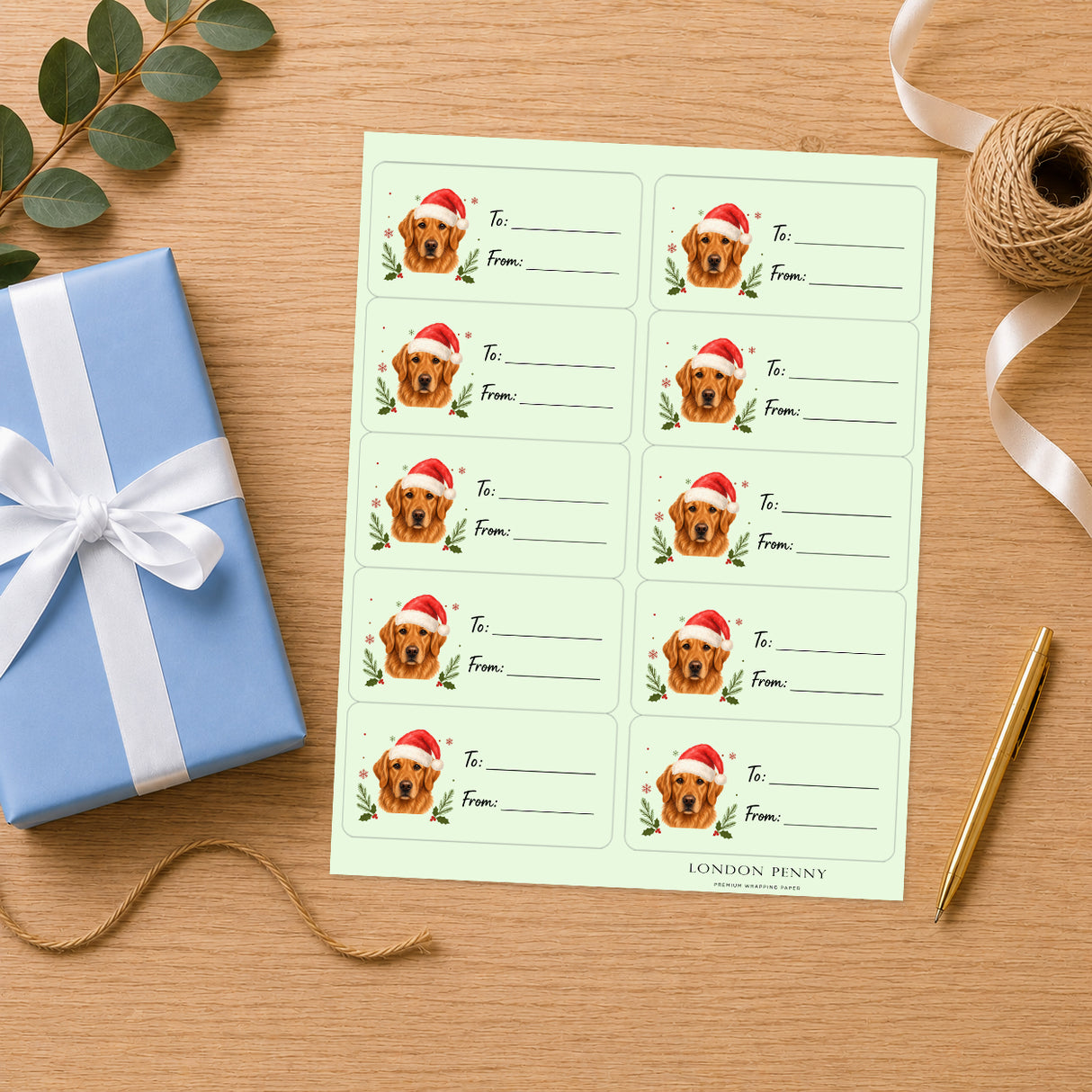 Golden Retriever Santa Paws Gift Tag Sticker Sheet