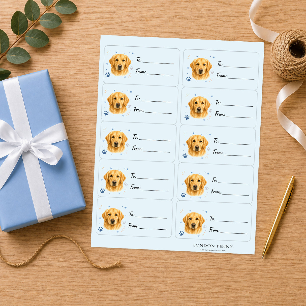Golden Retriever Pawprint Wishes Gift Tag Sticker Sheet