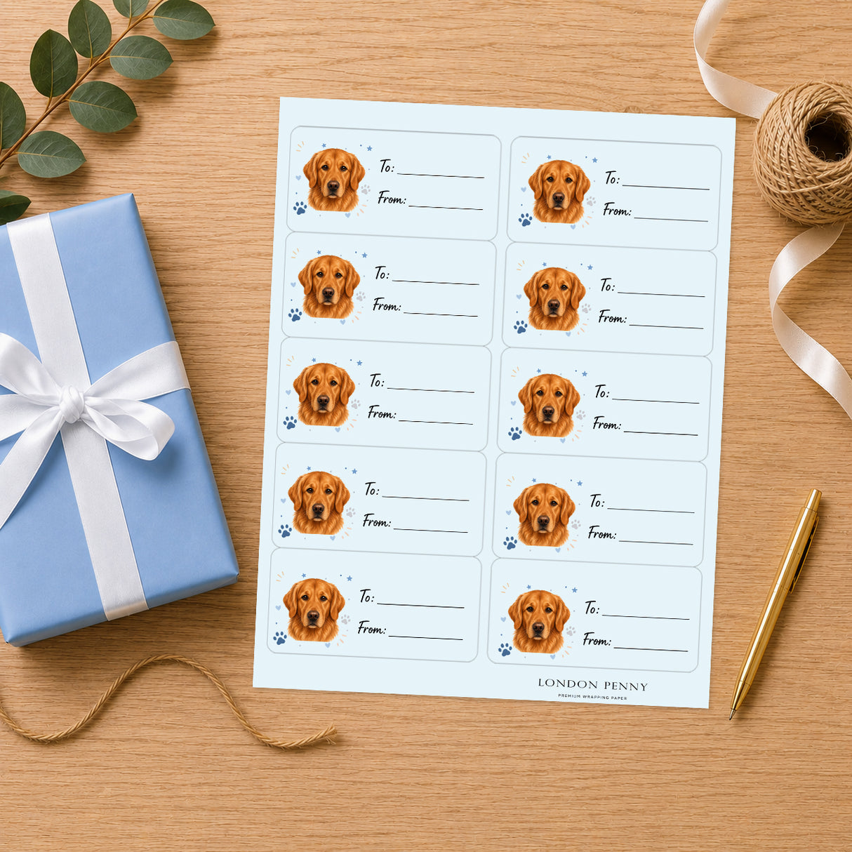 Golden Retriever Pawprint Wishes Gift Tag Sticker Sheet