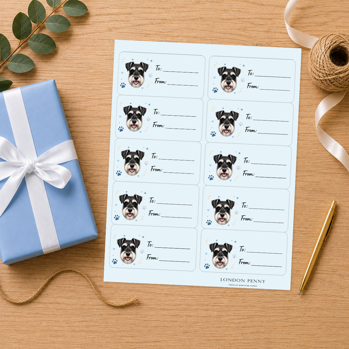 Miniature Schnauzer Pawprint Wishes Gift Tag Sticker Sheet