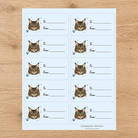 Maine Coon Pawprint Wishes Gift Tag Sticker Sheet - London Penny Gift Wrap