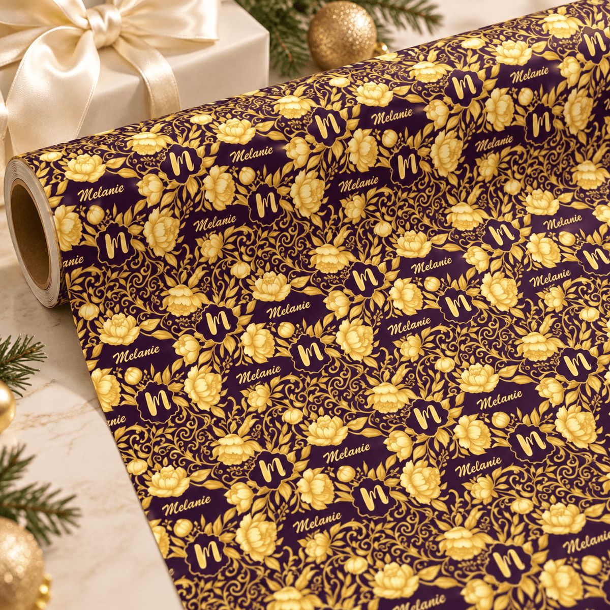 Personalized Golden Oro Bloom Wrapping Paper | Custom Gift Wrap - London Penny Gift Wrap