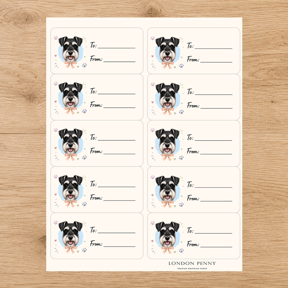 Miniature Schnauzer Paws & Bows Gift Tag Sticker Sheet