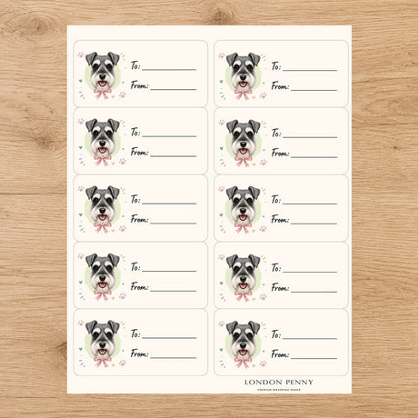 Miniature Schnauzer Paws & Bows Gift Tag Sticker Sheet - London Penny Gift Wrap