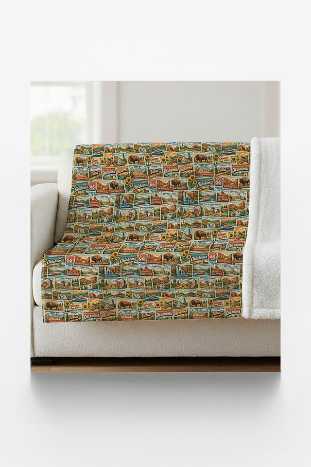 Oklahoma Postcard Memories Sherpa Blanket - London Penny Gift Wrap
