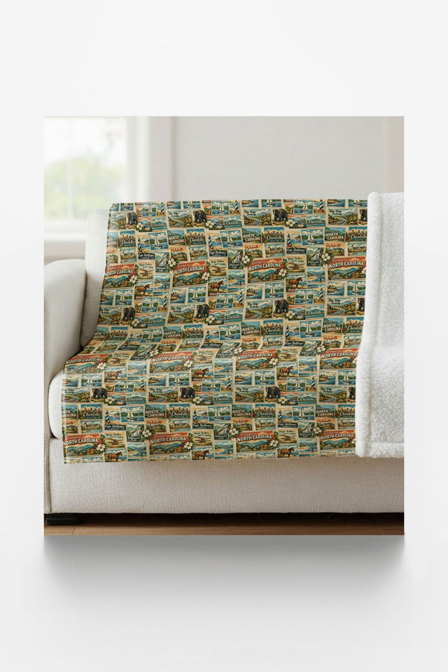 North Carolina Postcard Memories Sherpa Blanket - London Penny Gift Wrap