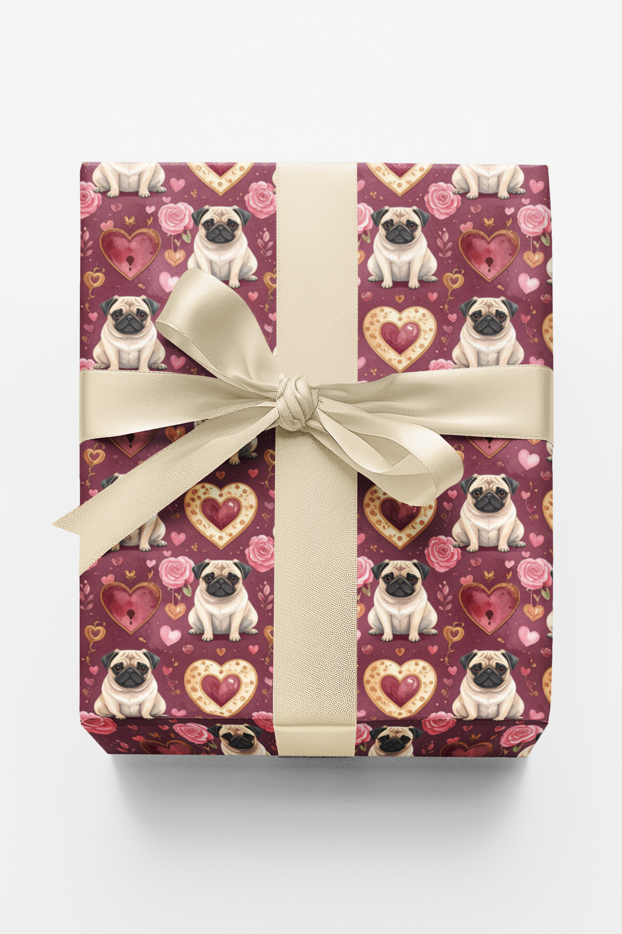 Love & Hearts Pug Wrapping Paper