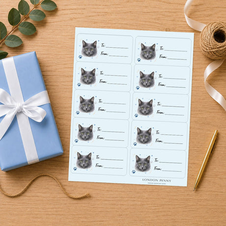 Nebelung Pawprint Wishes Gift Tag Sticker Sheet - London Penny Gift Wrap
