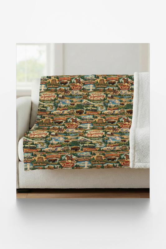 Wyoming Postcard Memories Sherpa Blanket