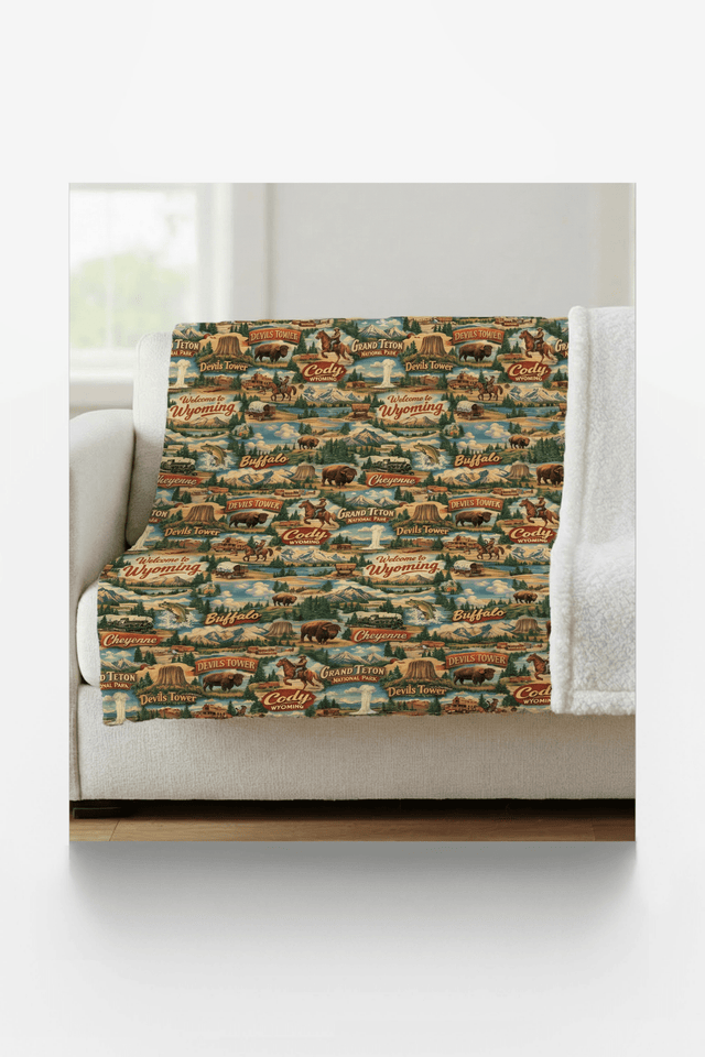Wyoming Postcard Memories Sherpa Blanket - London Penny Gift Wrap