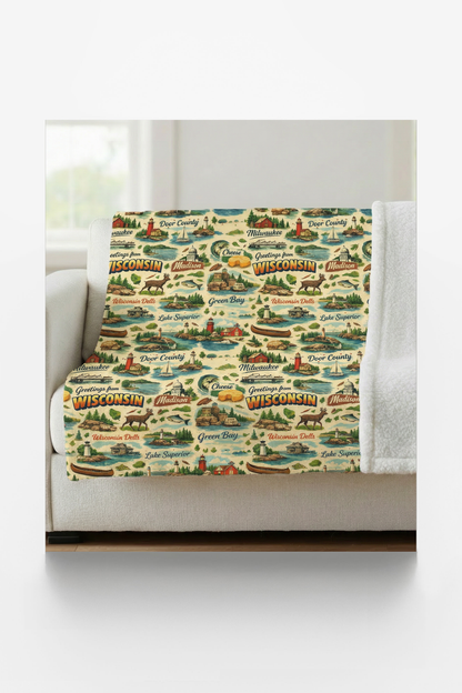 Wisconsin Postcard Memories Sherpa Blanket