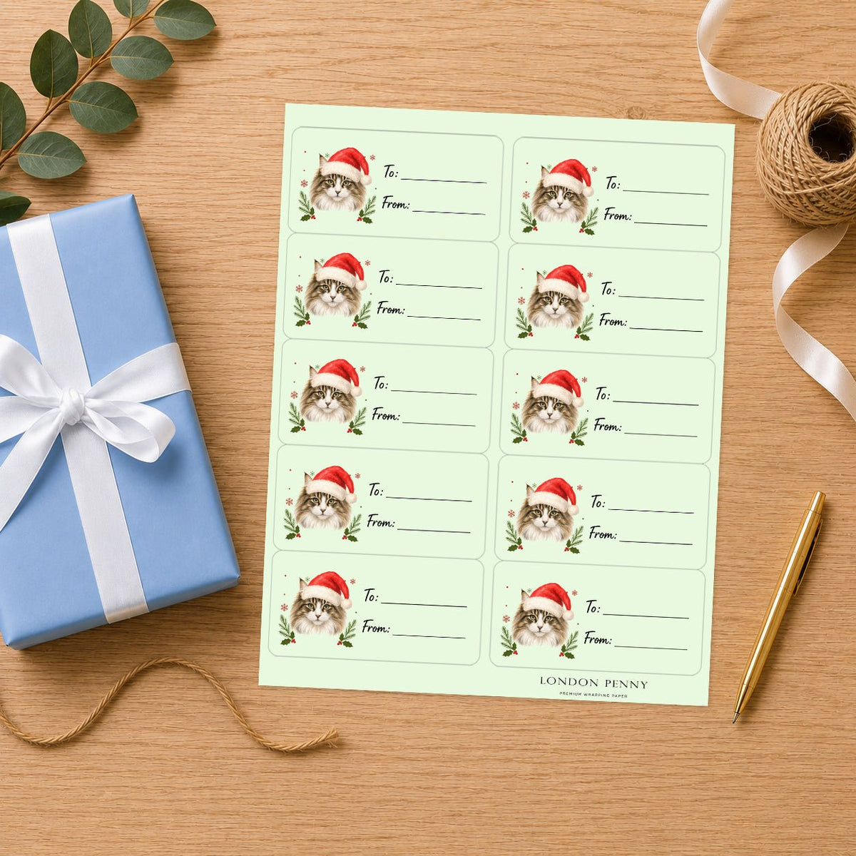 Norwegian Forest Cat Santa Paws Gift Tag Sticker Sheet - London Penny Gift Wrap