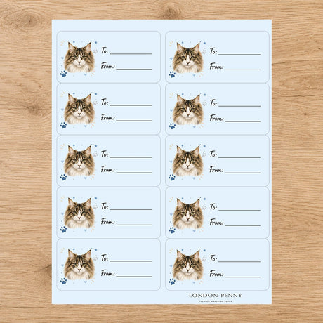 Norwegian Forest Cat Pawprint Wishes Gift Tag Sticker Sheet - London Penny Gift Wrap