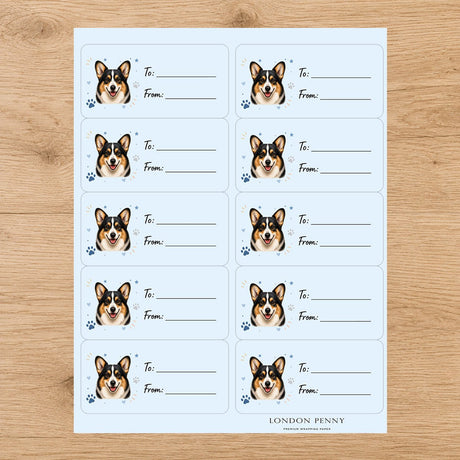 Corgi Pawprint Wishes Gift Tag Sticker Sheet - London Penny Gift Wrap