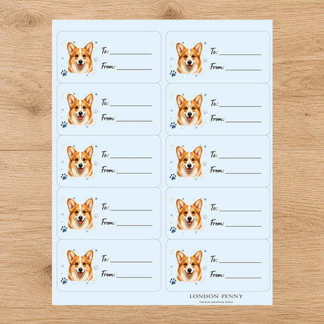 Corgi Pawprint Wishes Gift Tag Sticker Sheet - London Penny Gift Wrap