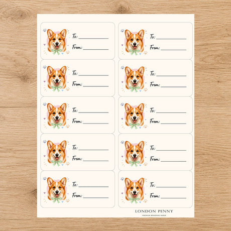 Corgi Paws & Bows Gift Tag Sticker Sheet - London Penny Gift Wrap