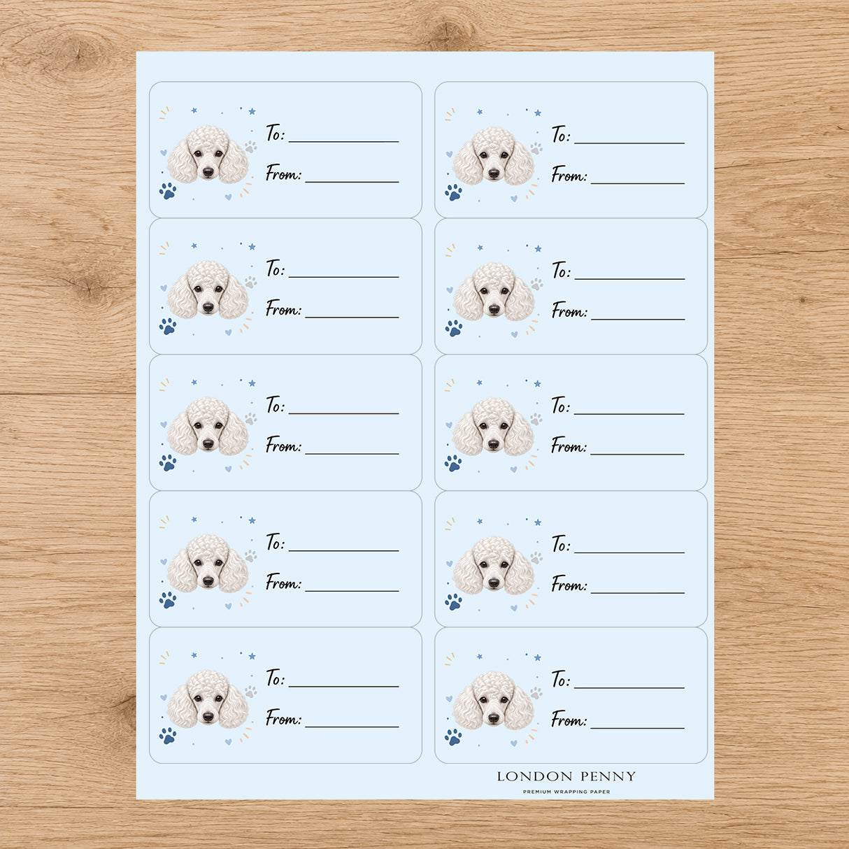 Poodle Pawprint Wishes Gift Tag Sticker Sheet