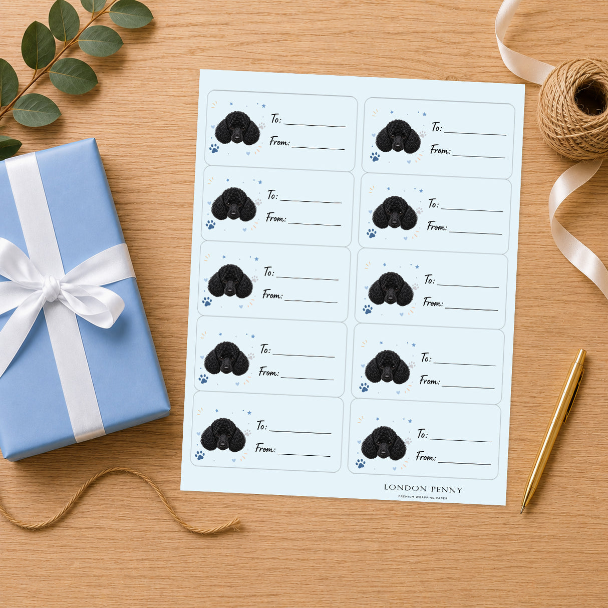 Poodle Pawprint Wishes Gift Tag Sticker Sheet