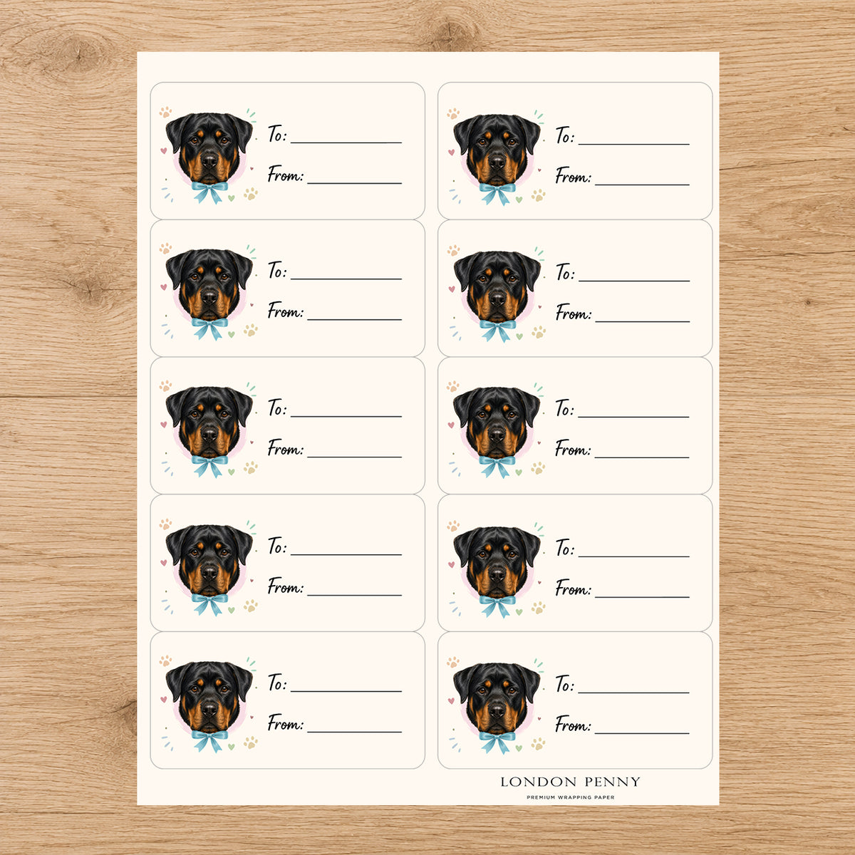 Rottweiler Paws & Bows Gift Tag Sticker Sheet