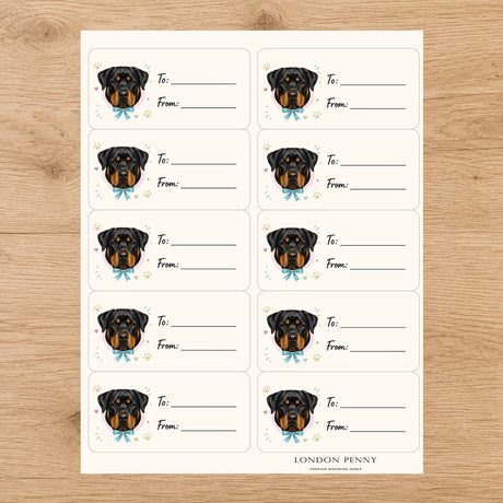 Rottweiler Paws & Bows Gift Tag Sticker Sheet - London Penny Gift Wrap
