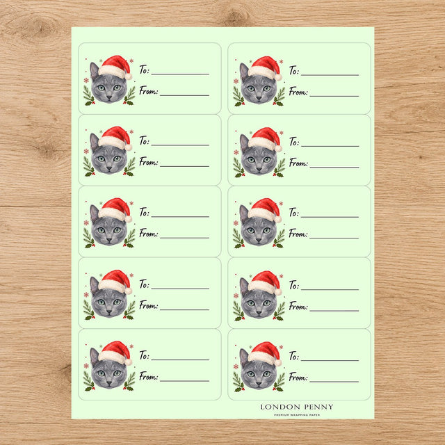Russian Blue Santa Paws Gift Tag Sticker Sheet - London Penny Gift Wrap