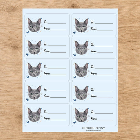 Russian Blue Pawprint Wishes Gift Tag Sticker Sheet - London Penny Gift Wrap