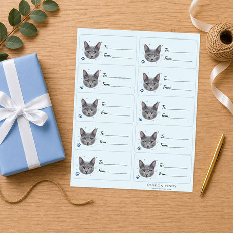 Russian Blue Pawprint Wishes Gift Tag Sticker Sheet - London Penny Gift Wrap