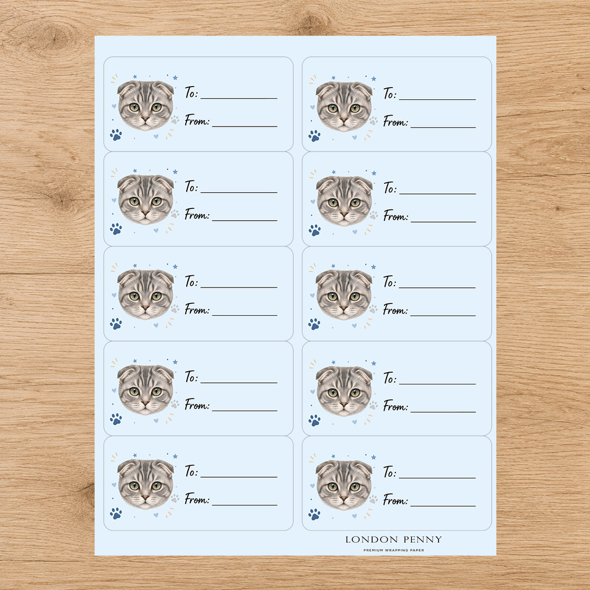 Scottish Fold Pawprint Wishes Gift Tag Sticker Sheet