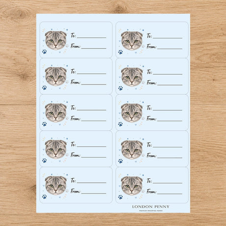 Scottish Fold Pawprint Wishes Gift Tag Sticker Sheet - London Penny Gift Wrap