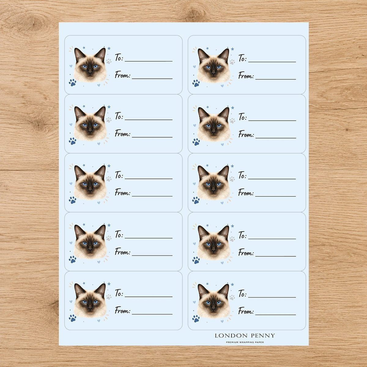 Siamese Pawprint Wishes Gift Tag Sticker Sheet - London Penny Gift Wrap