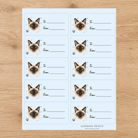 Siamese Pawprint Wishes Gift Tag Sticker Sheet - London Penny Gift Wrap