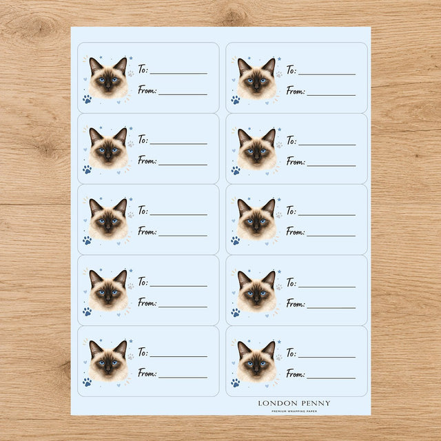 Siamese Pawprint Wishes Gift Tag Sticker Sheet - London Penny Gift Wrap