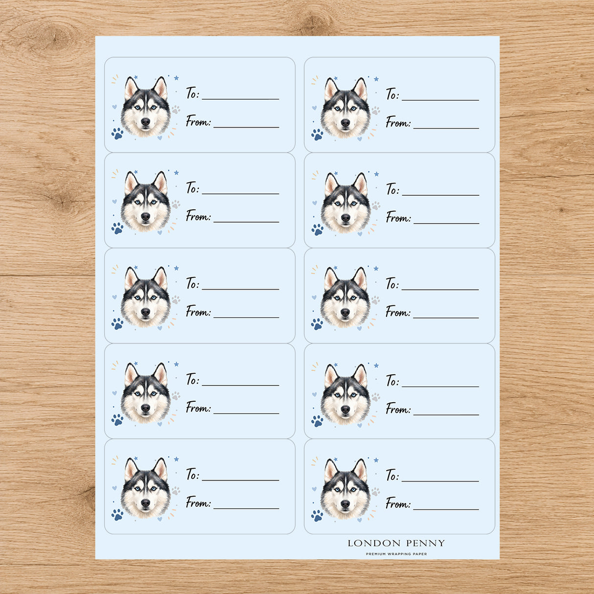 Siberian Husky Pawprint Wishes Gift Tag Sticker Sheet