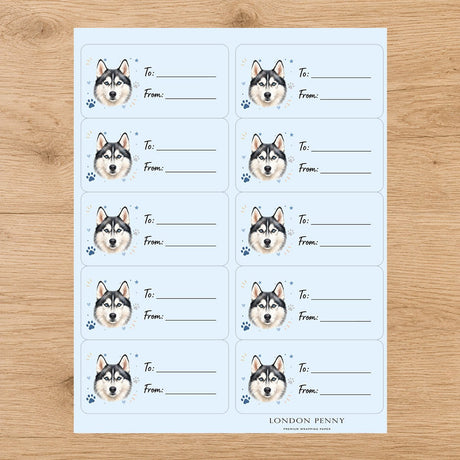 Siberian Husky Pawprint Wishes Gift Tag Sticker Sheet - London Penny Gift Wrap